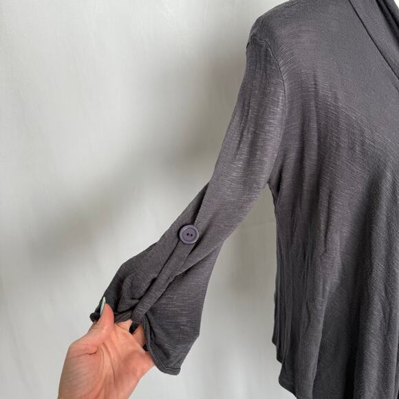 Draped Open Front Knit Cardigan Heathered Charcoal Crop Button Sleeves - Picture 3 of 5